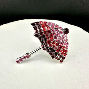 Vintage Rhinestone Umbrella Brooch Pin Silver Tone Pink Red Pave Stones Signed